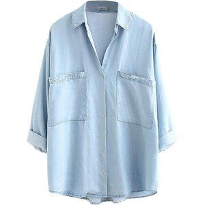 Women's Denim Shirt Chambray Blue Button Down Casual Top Medium
